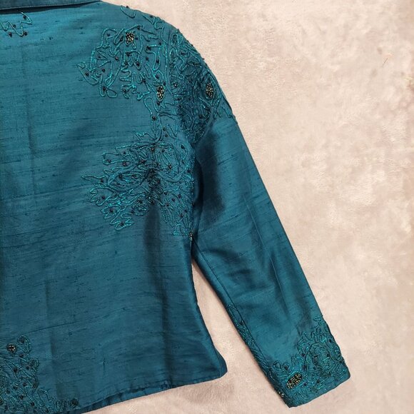 VTG Spiegel Womens S Turquoise Silk Jacket Beads Metallic Stitching Formal Party - Picture 3 of 16